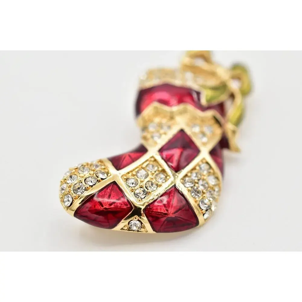 Monet Vintage Christmas Stocking Pin Brooch Red Enamel Bow Crystal Signed BinBG